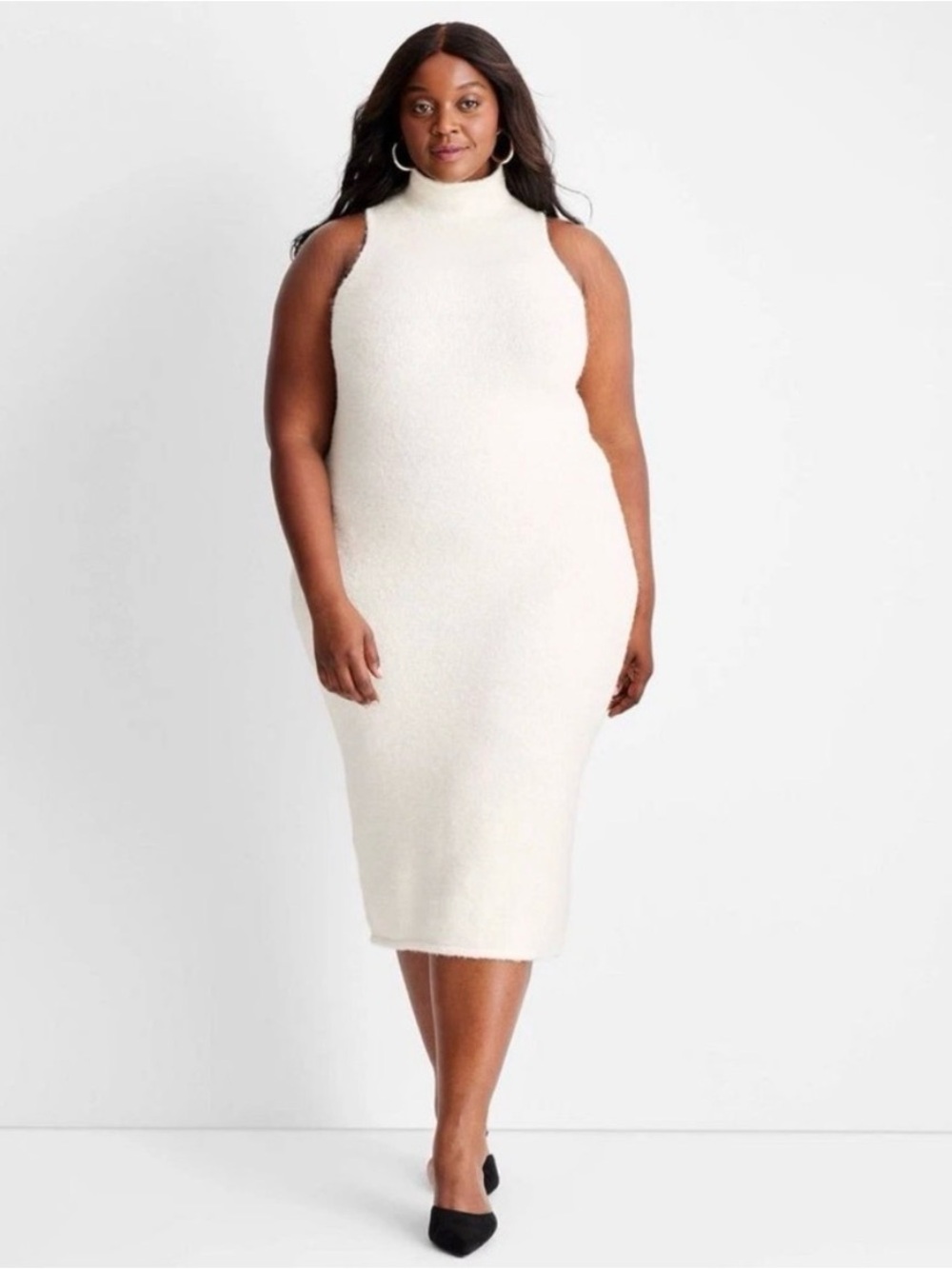 Future Collective Women's Sleeveless Fuzzy Sweater Midi Dress Cream L